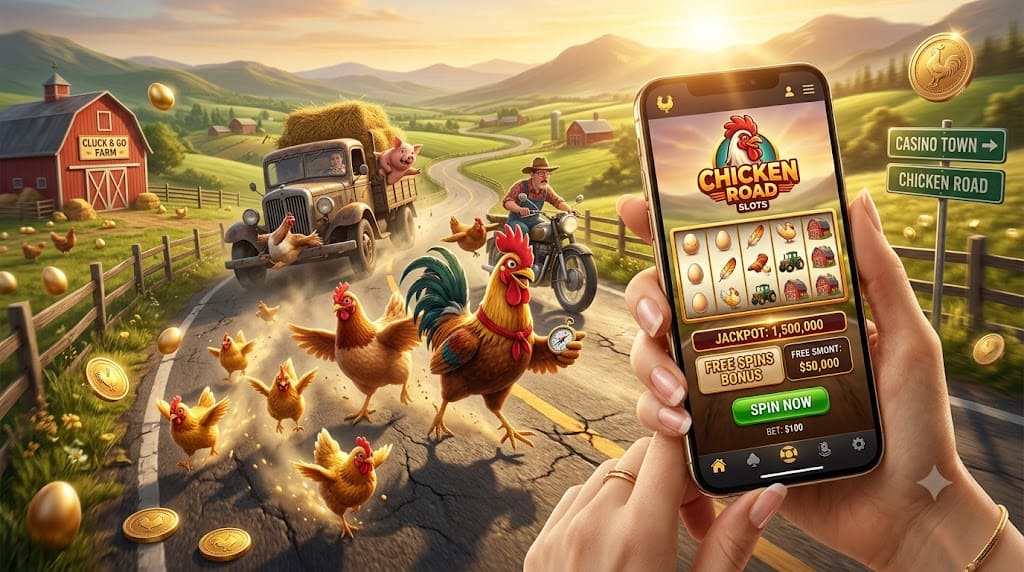 Chicken Road Slots interazione su smartphone e galline sulla strada